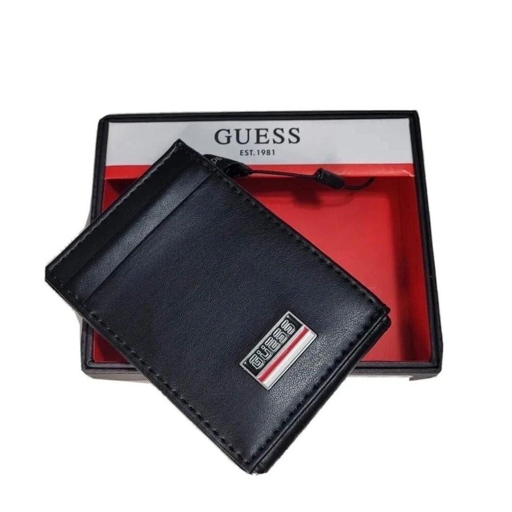 Guess Mens Black Slim Card Case Bifold Wallet with ID Window and Logo Box